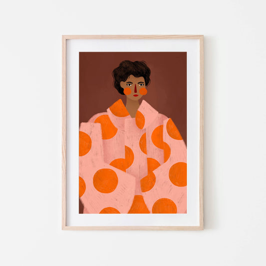 Framed artwork of a person wearing an orange patterned outfit on a white background
